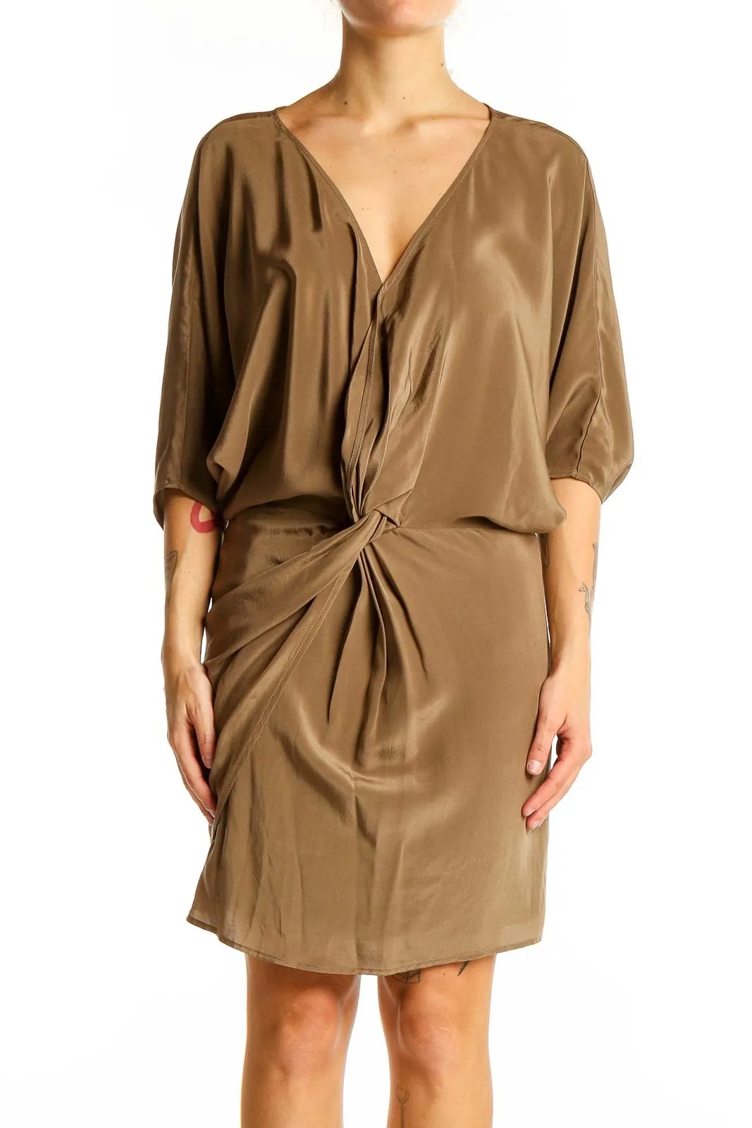 Camel Draped Wrap Dress