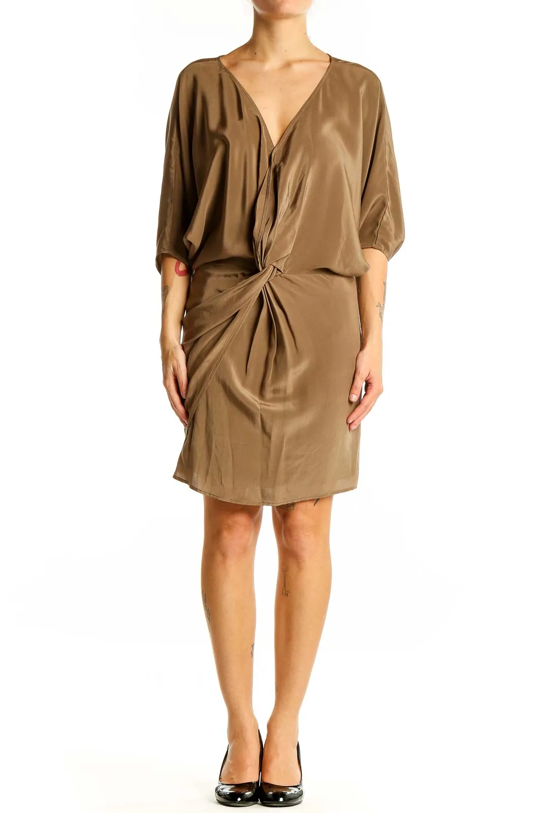 Camel Draped Wrap Dress