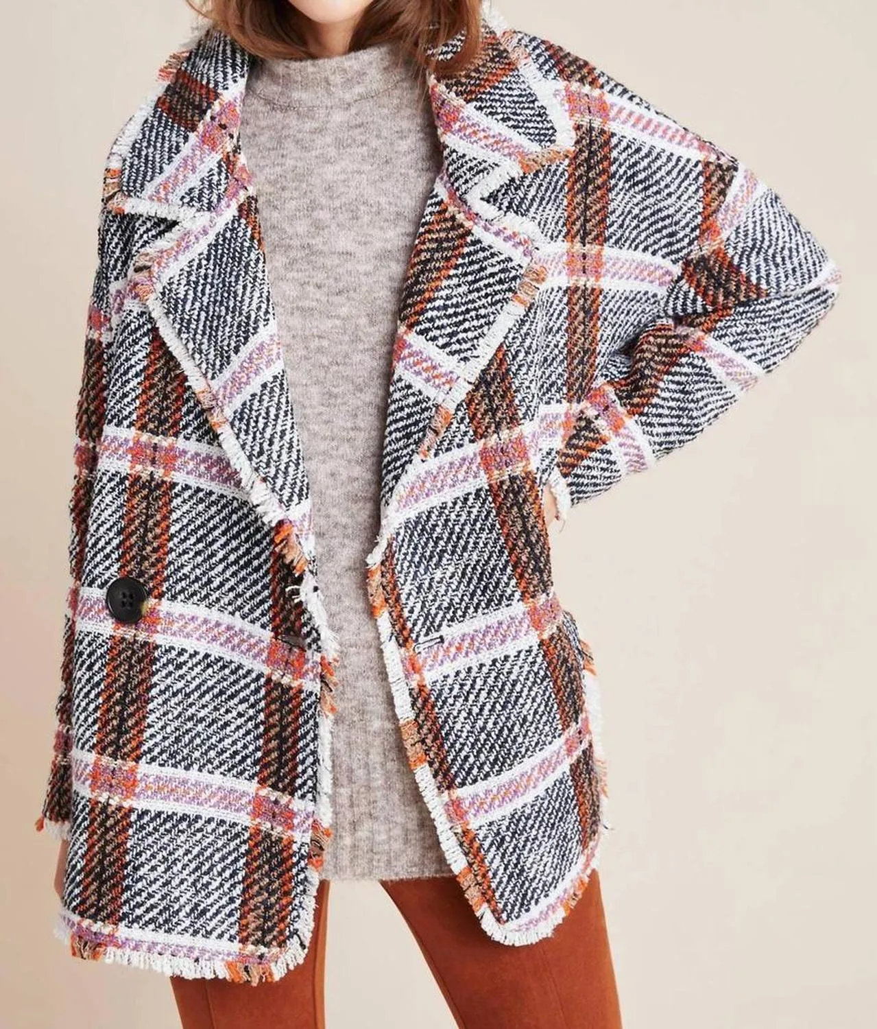 Carrie Double Breasted Plaid Tweed Coat In Multi