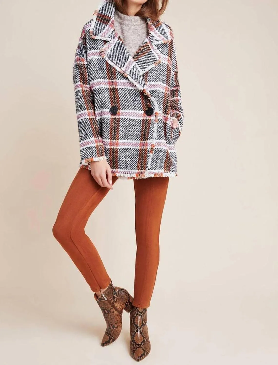 Carrie Double Breasted Plaid Tweed Coat In Multi