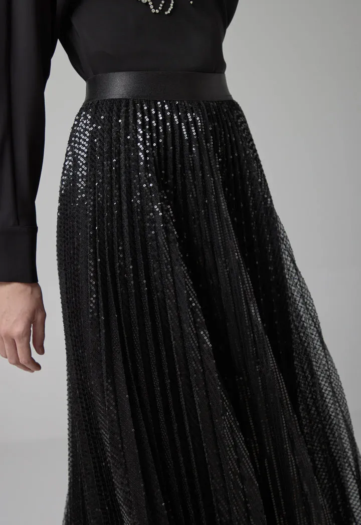 Choice Sequin Embellished Pleated Skirt Black