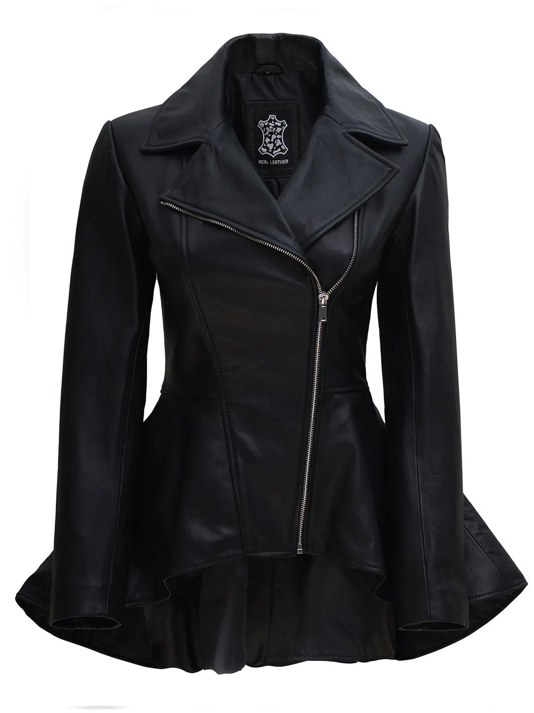 Clarissa Womens Black Asymmetrical Peplum Leather Jacket