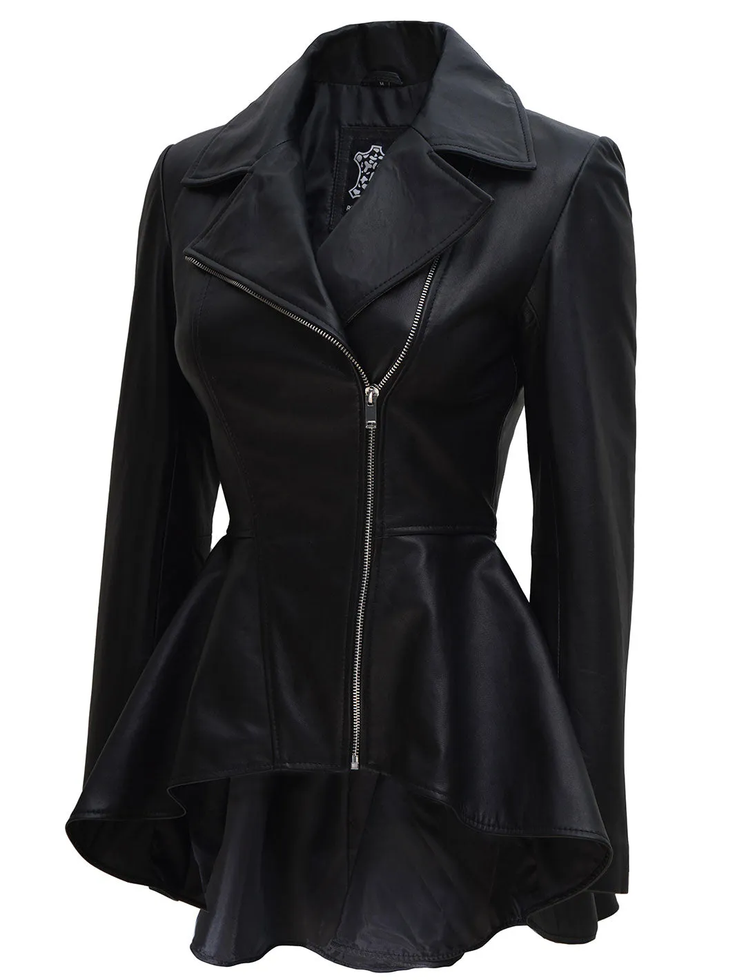 Clarissa Womens Black Asymmetrical Peplum Leather Jacket