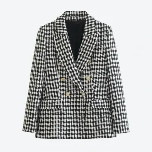 Classic Houndstooth Double-Breasted Blazer Jackets