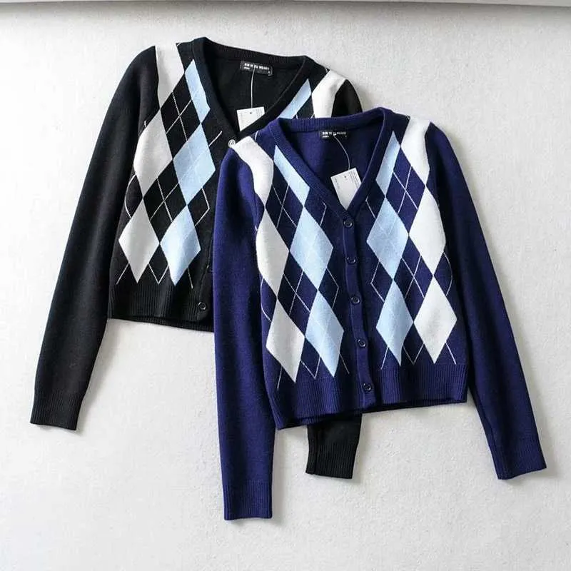 Classic Retro Color block Argyle Print Button Down Sweaters