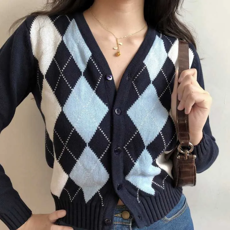 Classic Retro Color block Argyle Print Button Down Sweaters