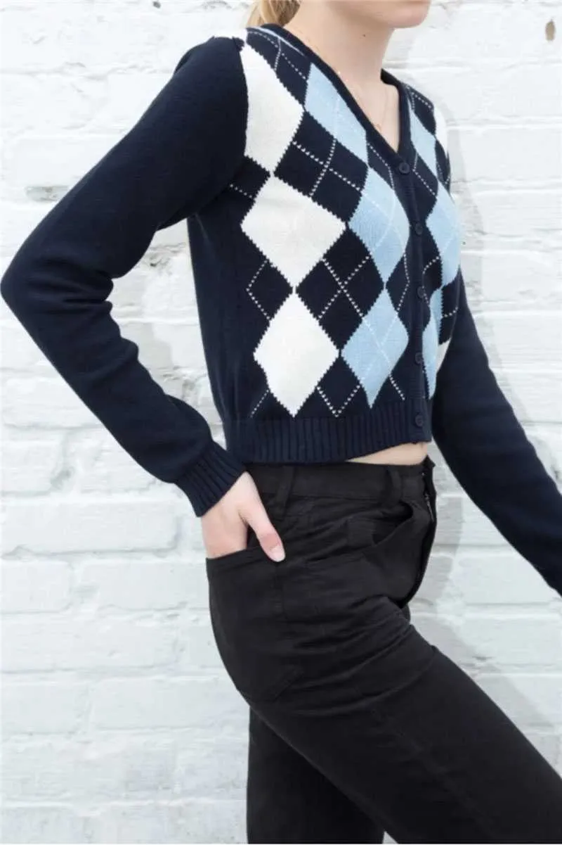 Classic Retro Color block Argyle Print Button Down Sweaters