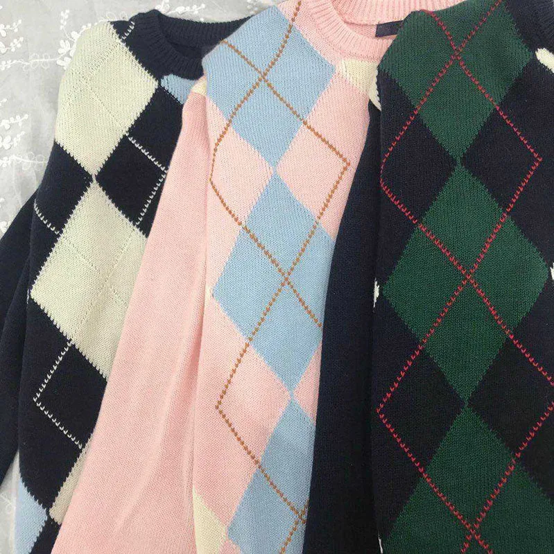 Classic Retro Color block Argyle Print Button Down Sweaters