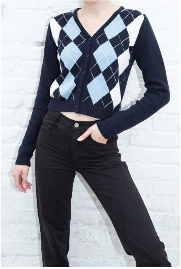 Classic Retro Color block Argyle Print Button Down Sweaters