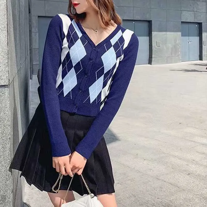 Classic Retro Color block Argyle Print Button Down Sweaters