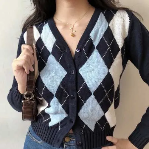 Classic Retro Color block Argyle Print Button Down Sweaters