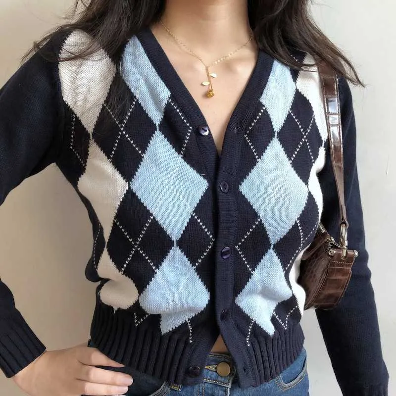 Classic Retro Color block Argyle Print Button Down Sweaters