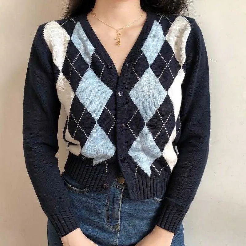 Classic Retro Color block Argyle Print Button Down Sweaters