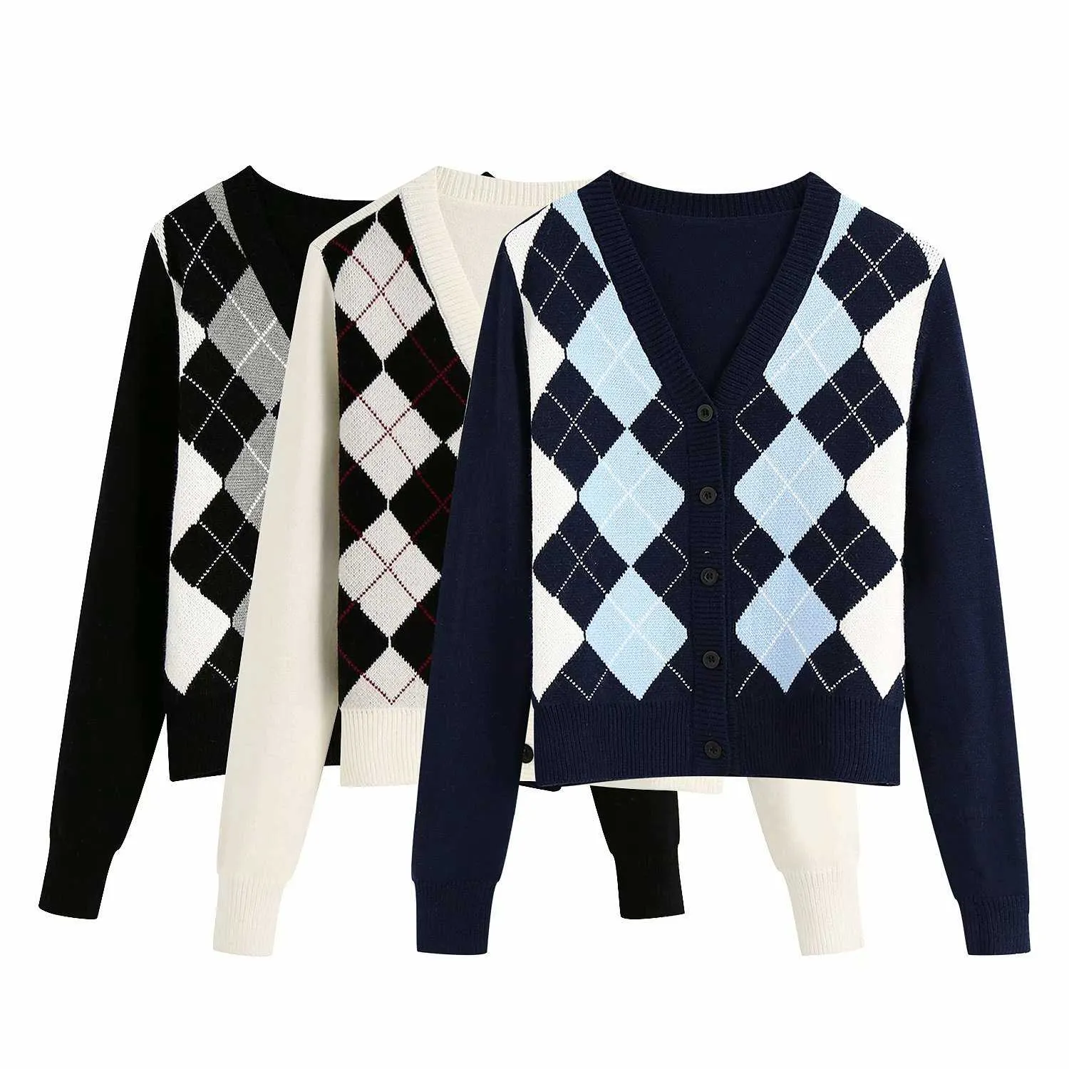 Classic Retro Color block Argyle Print Button Down Sweaters