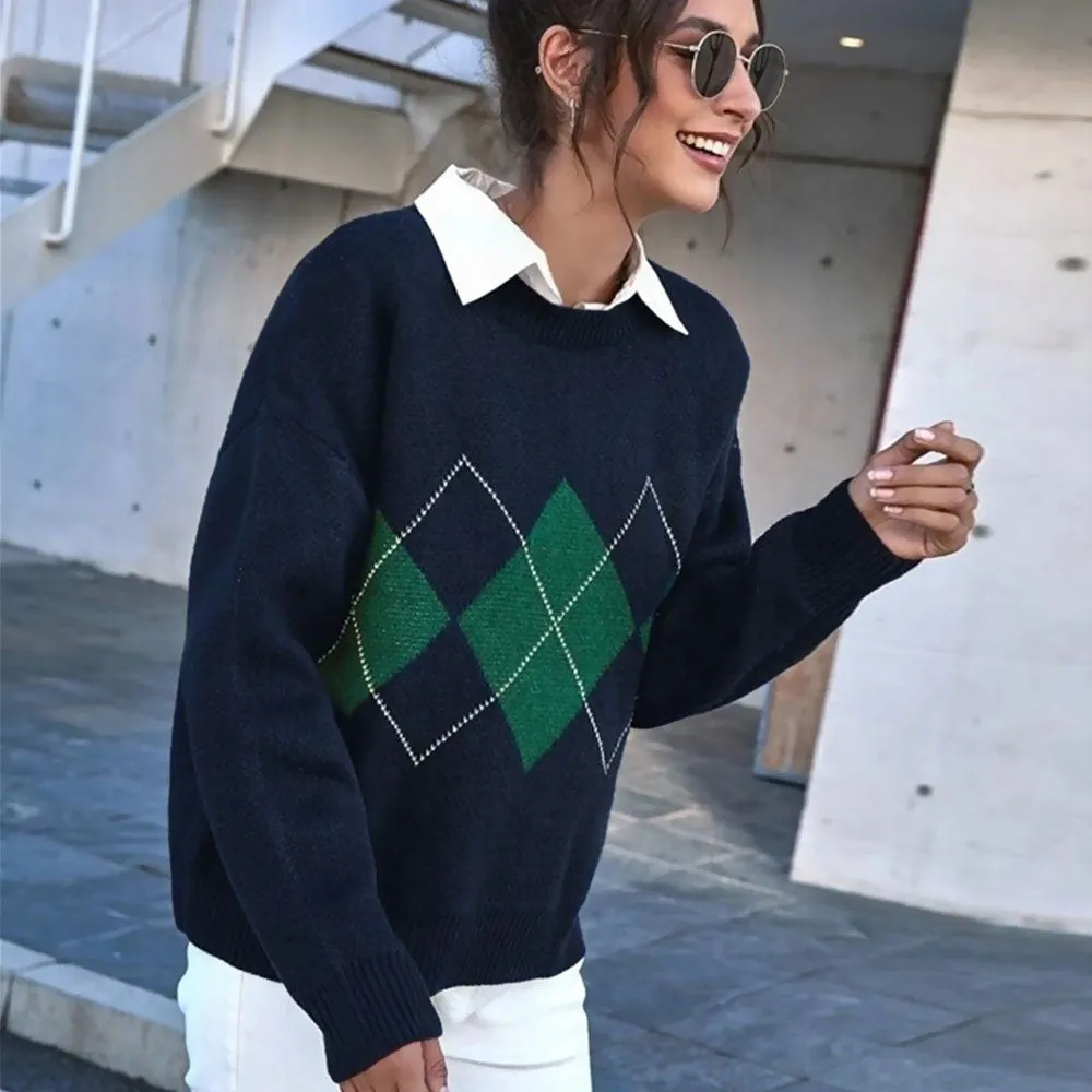 College Style Navy Blue Color Block Oversized Pullover Argyle Sweater