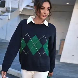 College Style Navy Blue Color Block Oversized Pullover Argyle Sweater