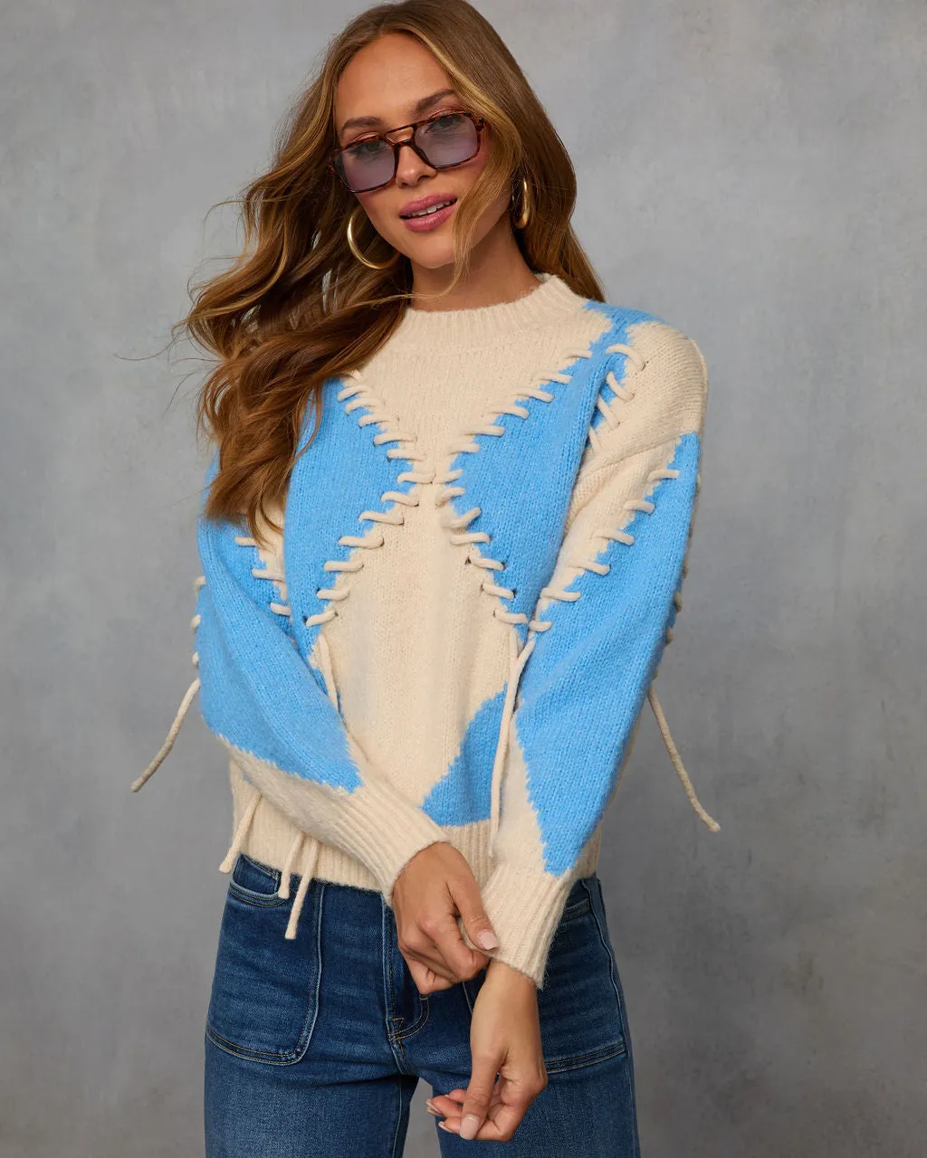 Cozy Moments Lace Up Argyle Sweater