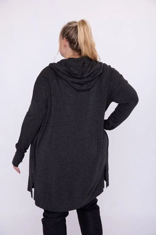 Curvy Longline Hooded Cardigan With Pockets