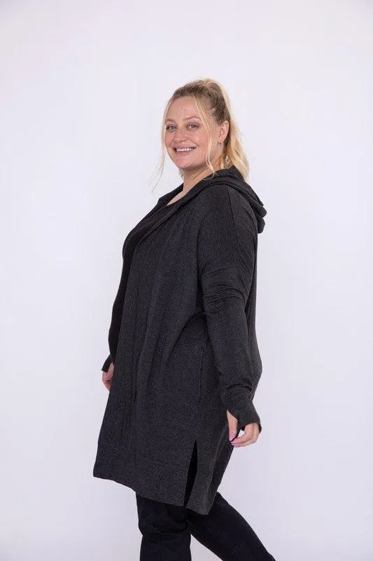 Curvy Longline Hooded Cardigan With Pockets