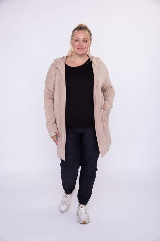 Curvy Longline Hooded Cardigan With Pockets