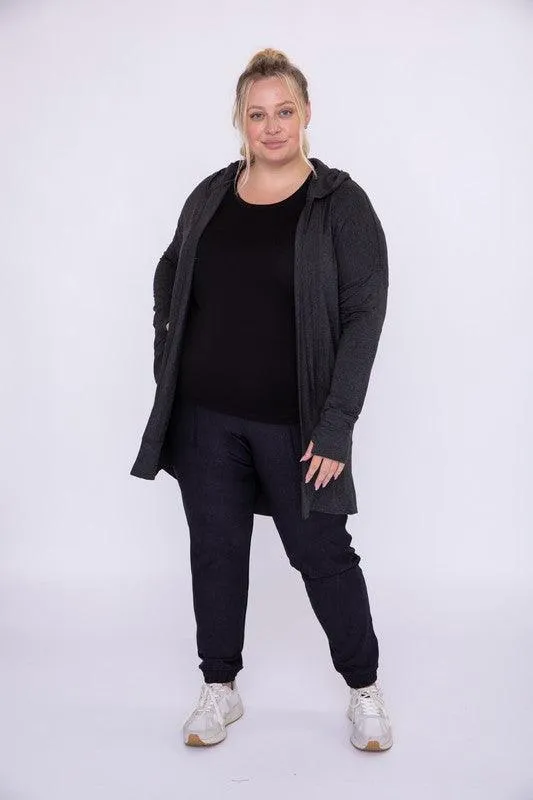 Curvy Longline Hooded Cardigan With Pockets