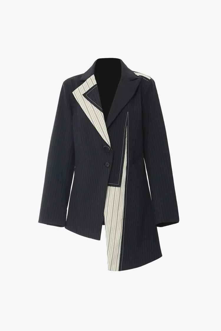 Deconstructed Contrast Lapel Shoulder Pad Single Breasted Striped Blazer