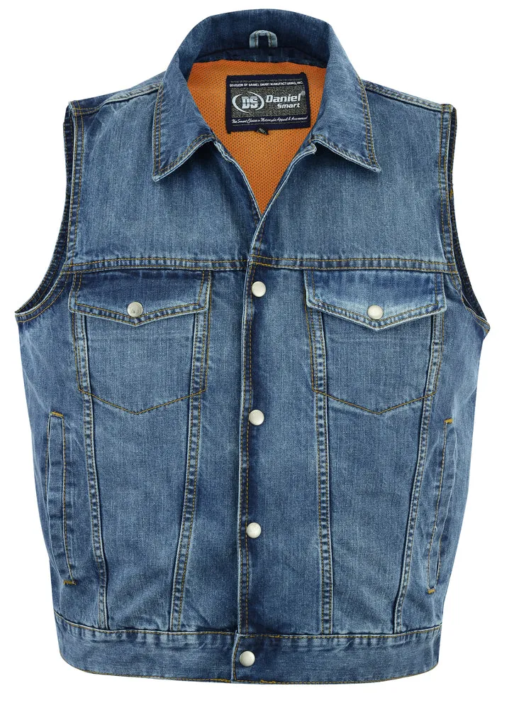 DM979BU Snap/Zipper Front Denim Vest- Blue