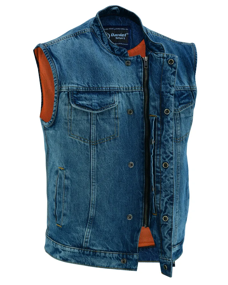 DM989BU Concealed Snap Closure, Blue Denim Vest Material, Scoop Collar & Hidden Zipper