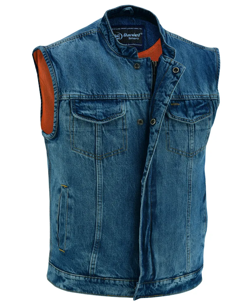 DM989BU Concealed Snap Closure, Blue Denim Vest Material, Scoop Collar & Hidden Zipper