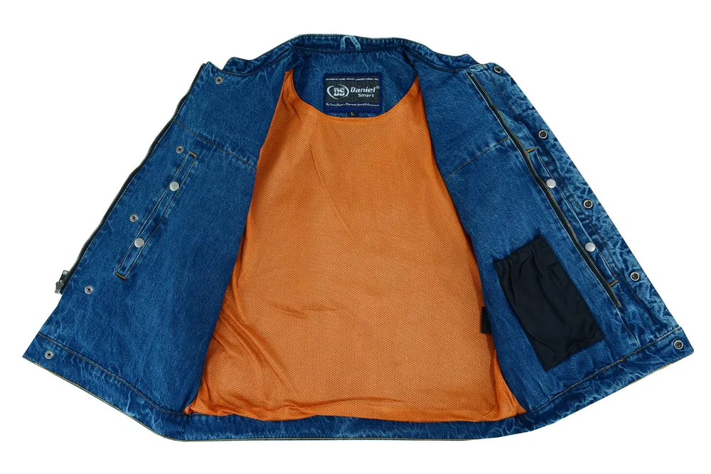 DM989BU Concealed Snap Closure, Blue Denim Vest Material, Scoop Collar & Hidden Zipper