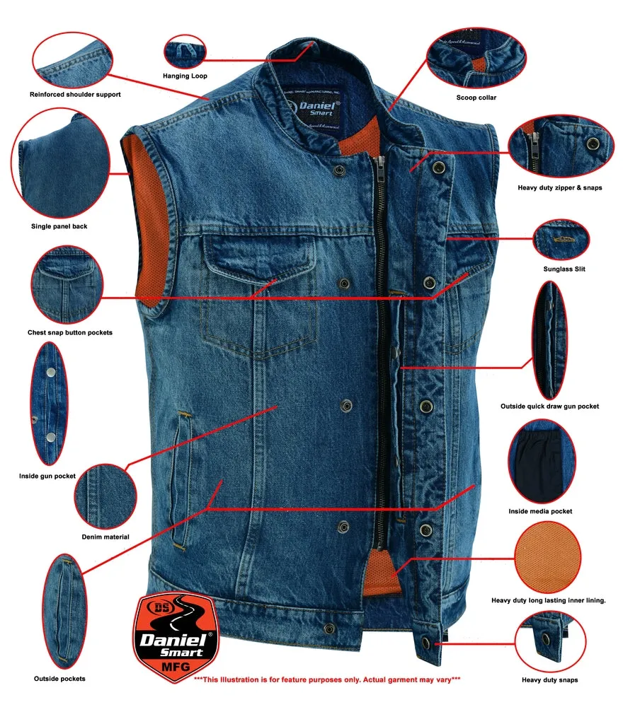 DM989BU Concealed Snap Closure, Blue Denim Vest Material, Scoop Collar & Hidden Zipper