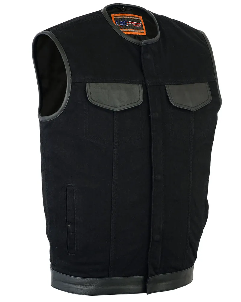 DM991 Men's Black Denim Single Panel Concealment Vest W/Leather Trim-