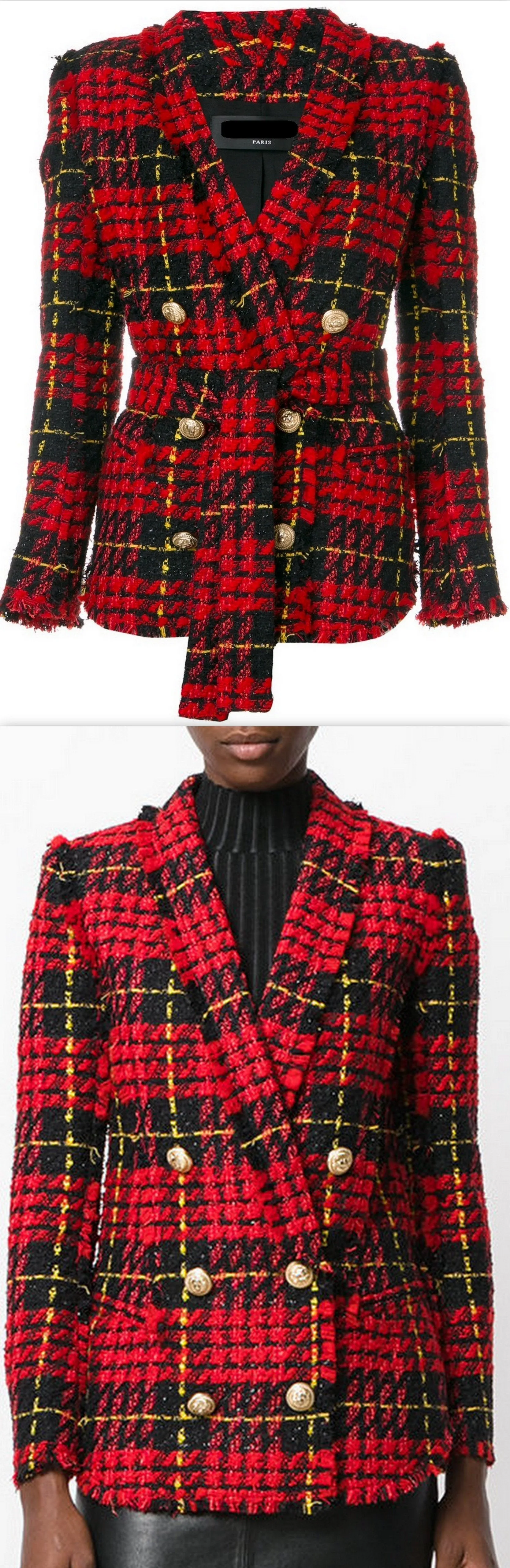 Double-Breasted Plaid Tweed Blazer