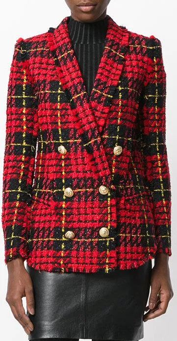 Double-Breasted Plaid Tweed Blazer