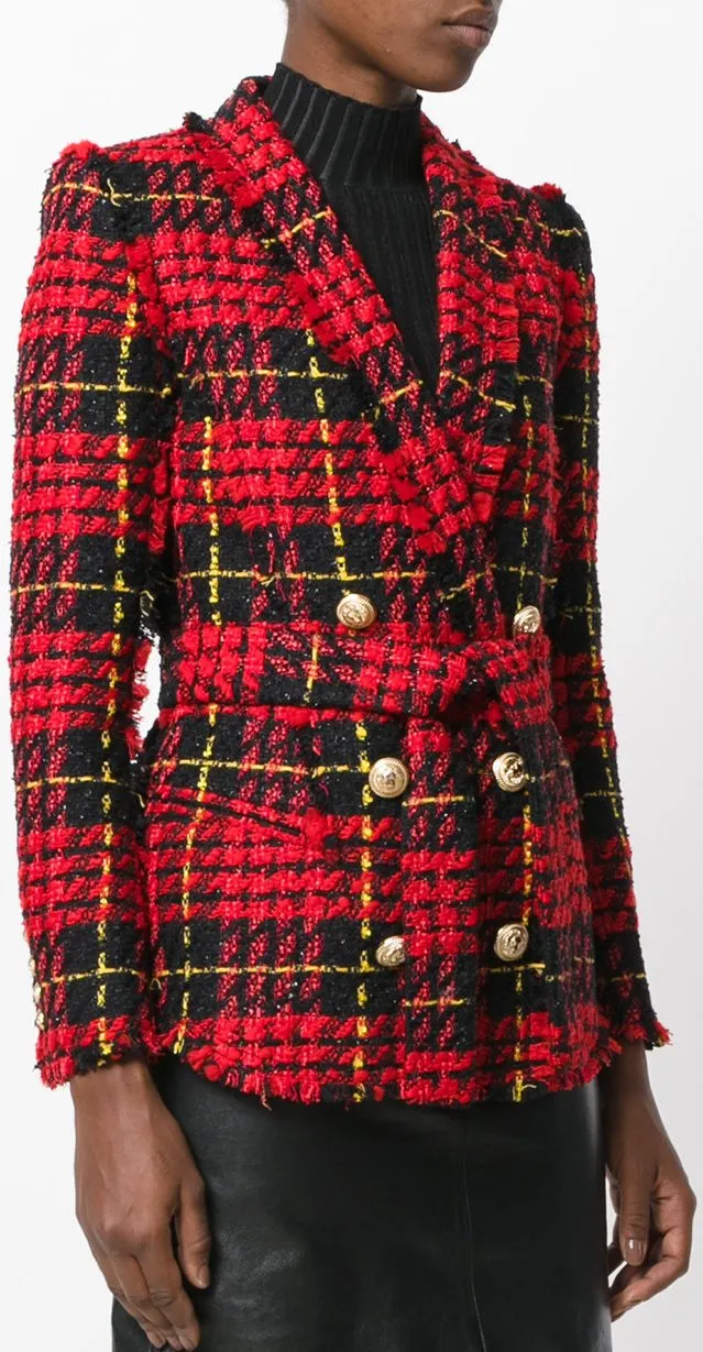 Double-Breasted Plaid Tweed Blazer