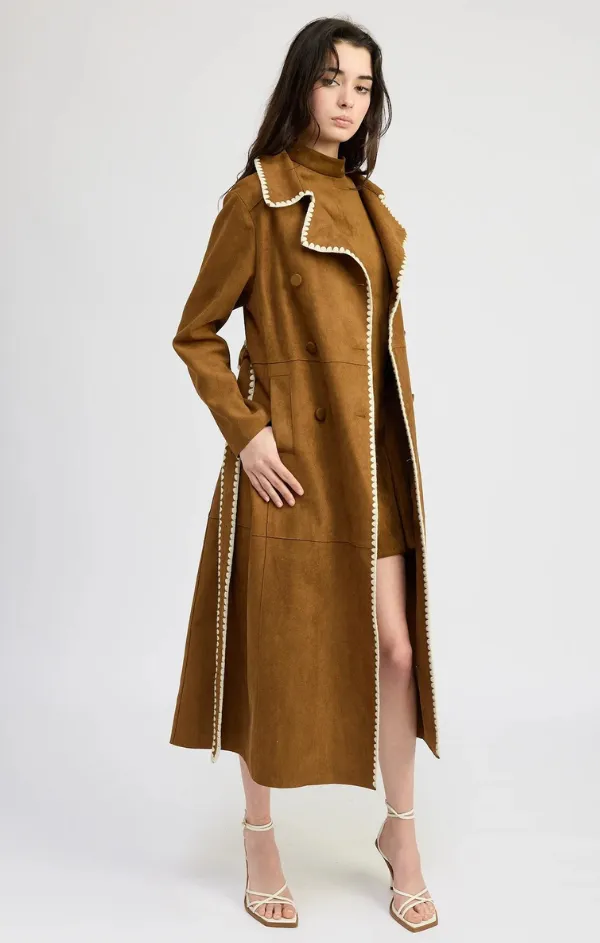 Double Button Closure Suede Trench Coat