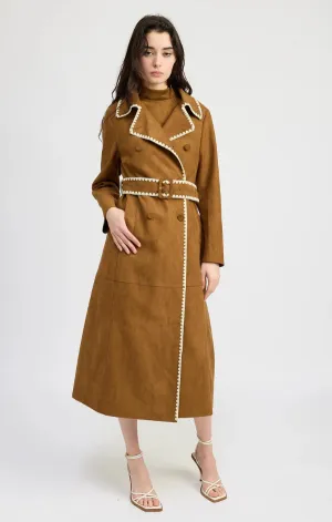 Double Button Closure Suede Trench Coat