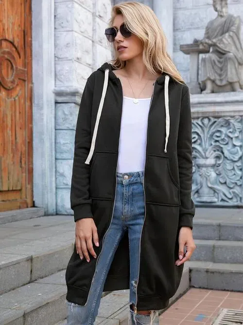 Double Take Zip-Up Longline Hoodie with Pockets