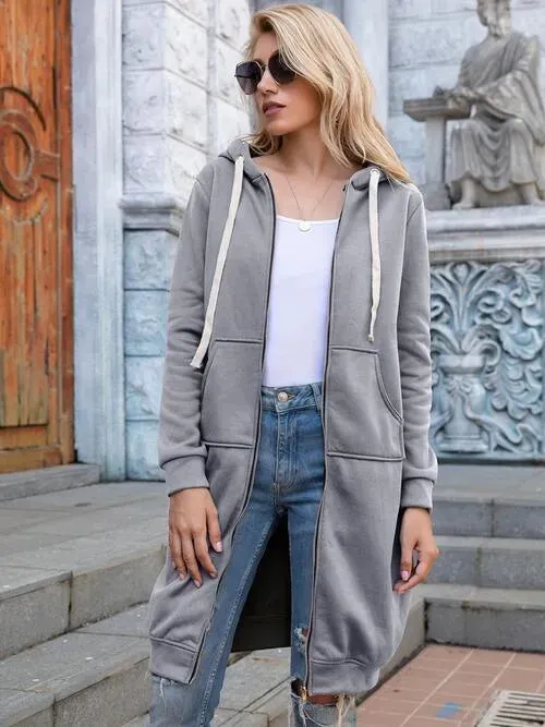 Double Take Zip-Up Longline Hoodie with Pockets