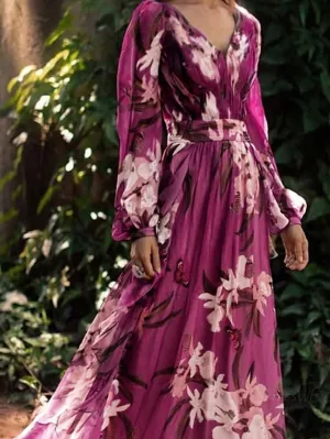 Dunnmall Women's Chiffon Dress Maxi long Dress Purple Long Sleeve Floral Color Block Summer V Neck Holiday Boho 2021 S M L XL XXL 3XL