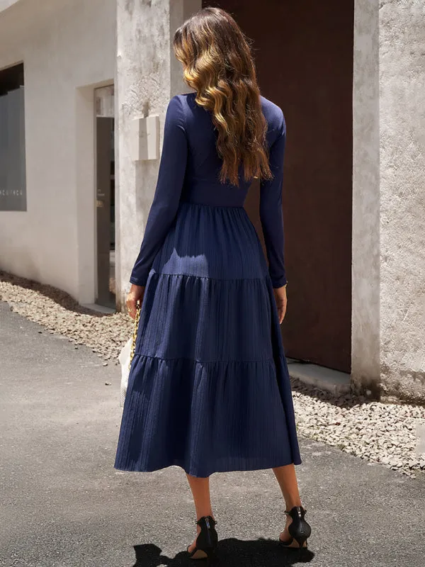 Elegant Textured Fitted Waist Long Sleeve Tiered Dress