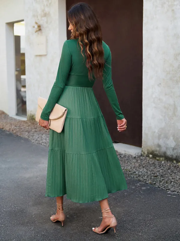 Elegant Textured Fitted Waist Long Sleeve Tiered Dress