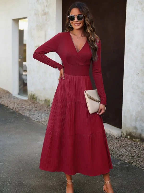 Elegant Textured Fitted Waist Long Sleeve Tiered Dress