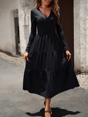 Elegant Textured Fitted Waist Long Sleeve Tiered Dress