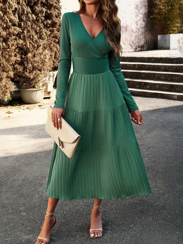 Elegant Textured Fitted Waist Long Sleeve Tiered Dress