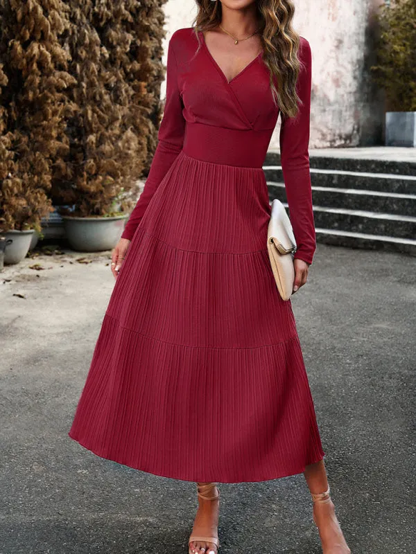 Elegant Textured Fitted Waist Long Sleeve Tiered Dress