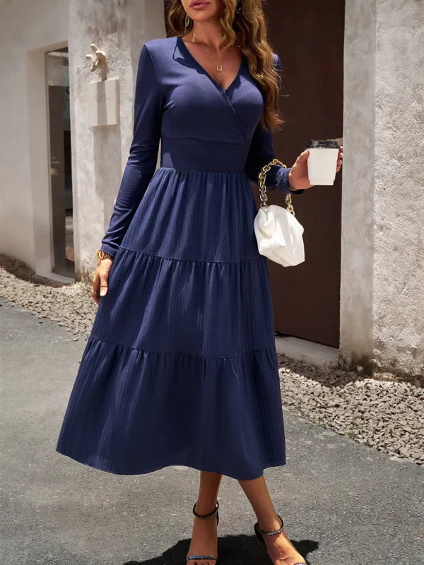 Elegant Textured Fitted Waist Long Sleeve Tiered Dress