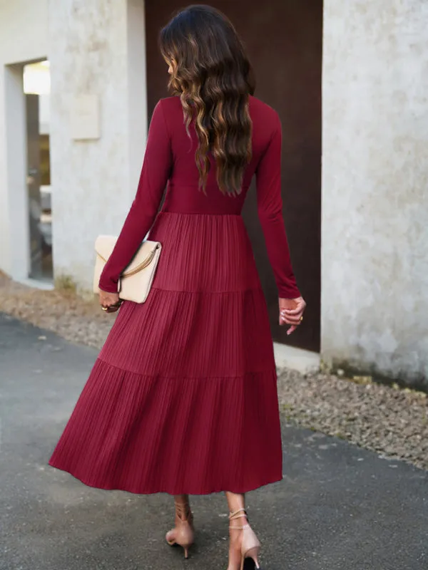 Elegant Textured Fitted Waist Long Sleeve Tiered Dress