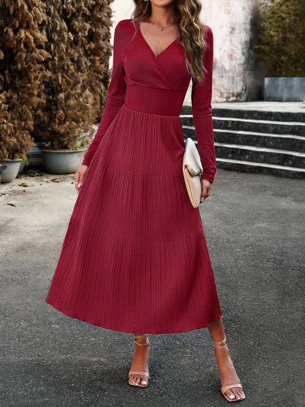 Elegant Textured Fitted Waist Long Sleeve Tiered Dress