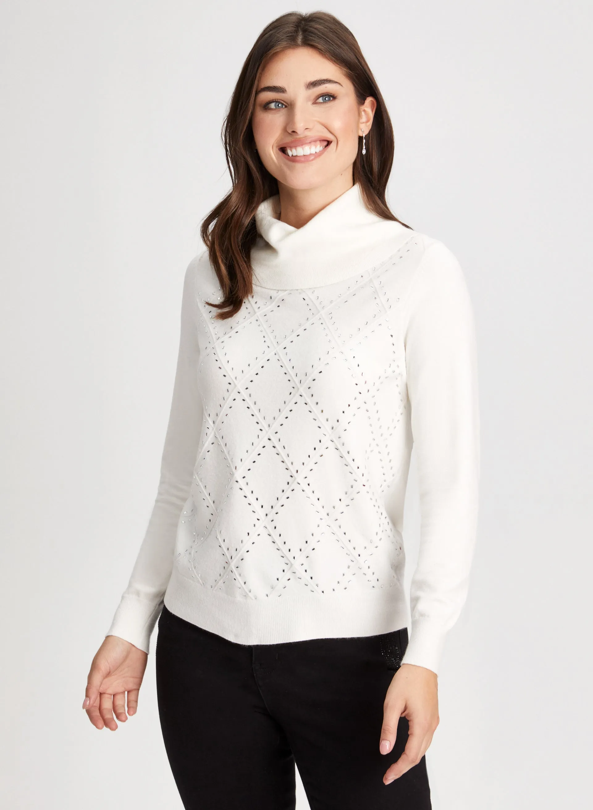 Embellished Argyle Knit Sweater